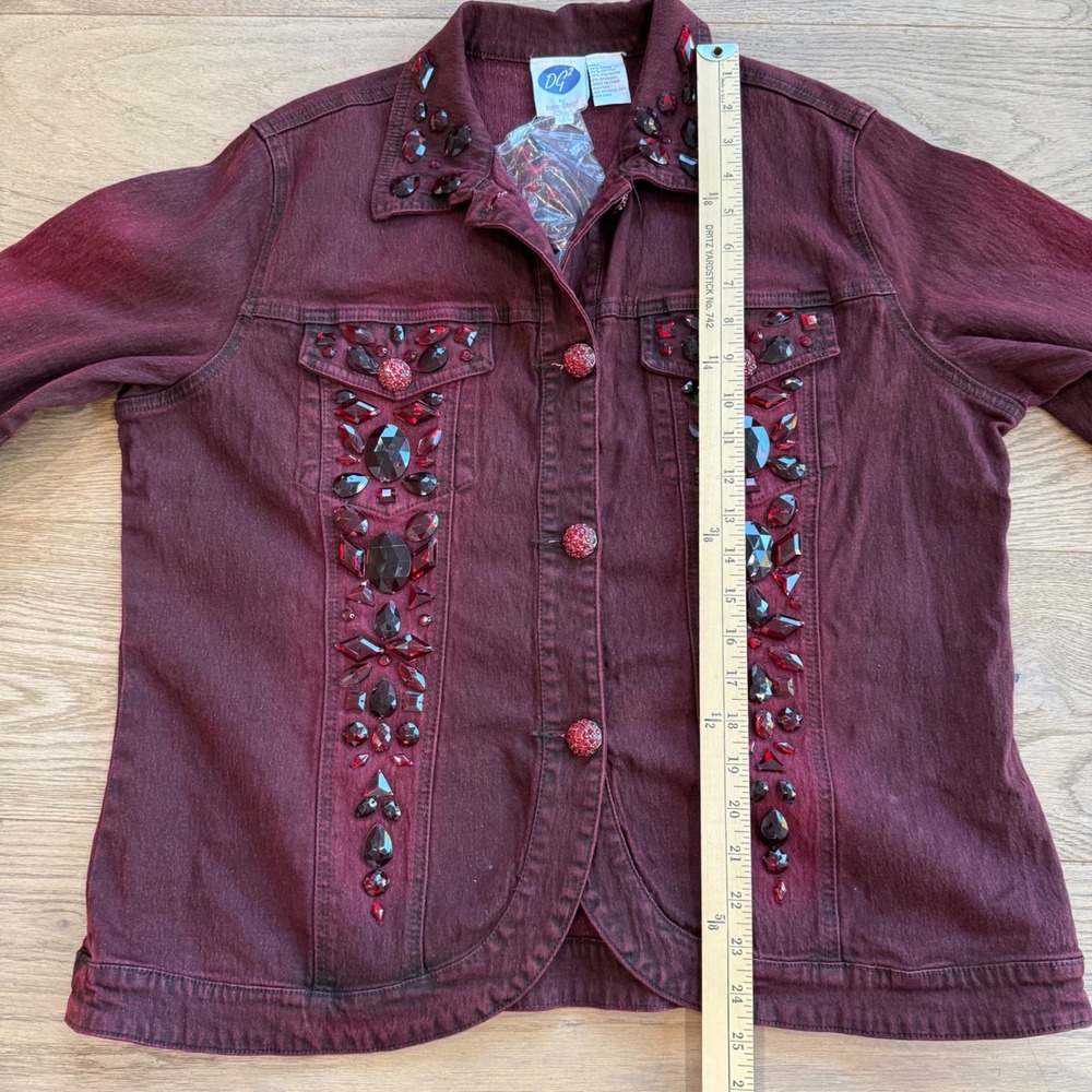 Diane Gilman DG2 Embellished Denim Jacket Burgundy Red Crystal Buttons Size L - Picture 7 of 11